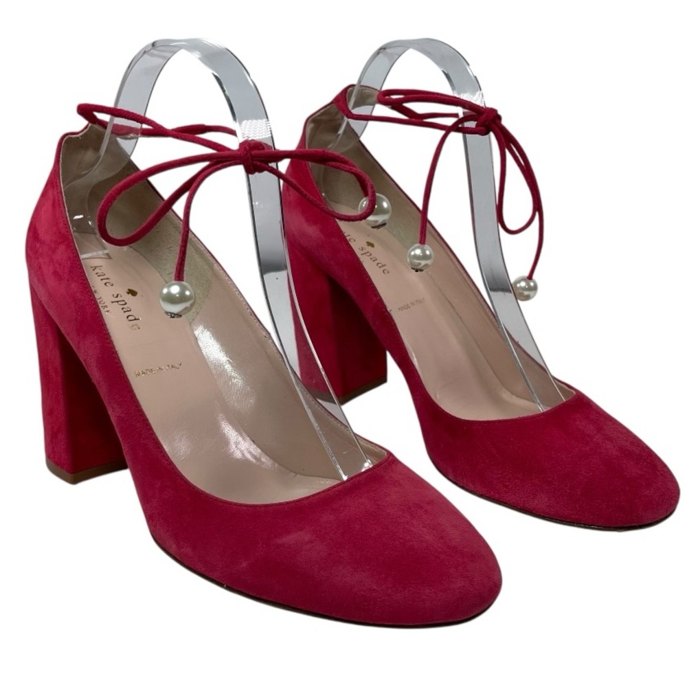 Kate spade “Gena”  Suede Red pumps block heels shoes pearl accent ankle tie SZ 9